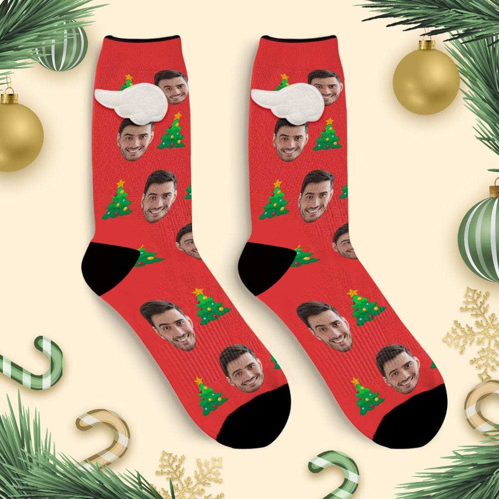 Custom Face Socks with Christmas Tree 3D Magnetic Wing Red Socks for Pet Lover - Giftlab