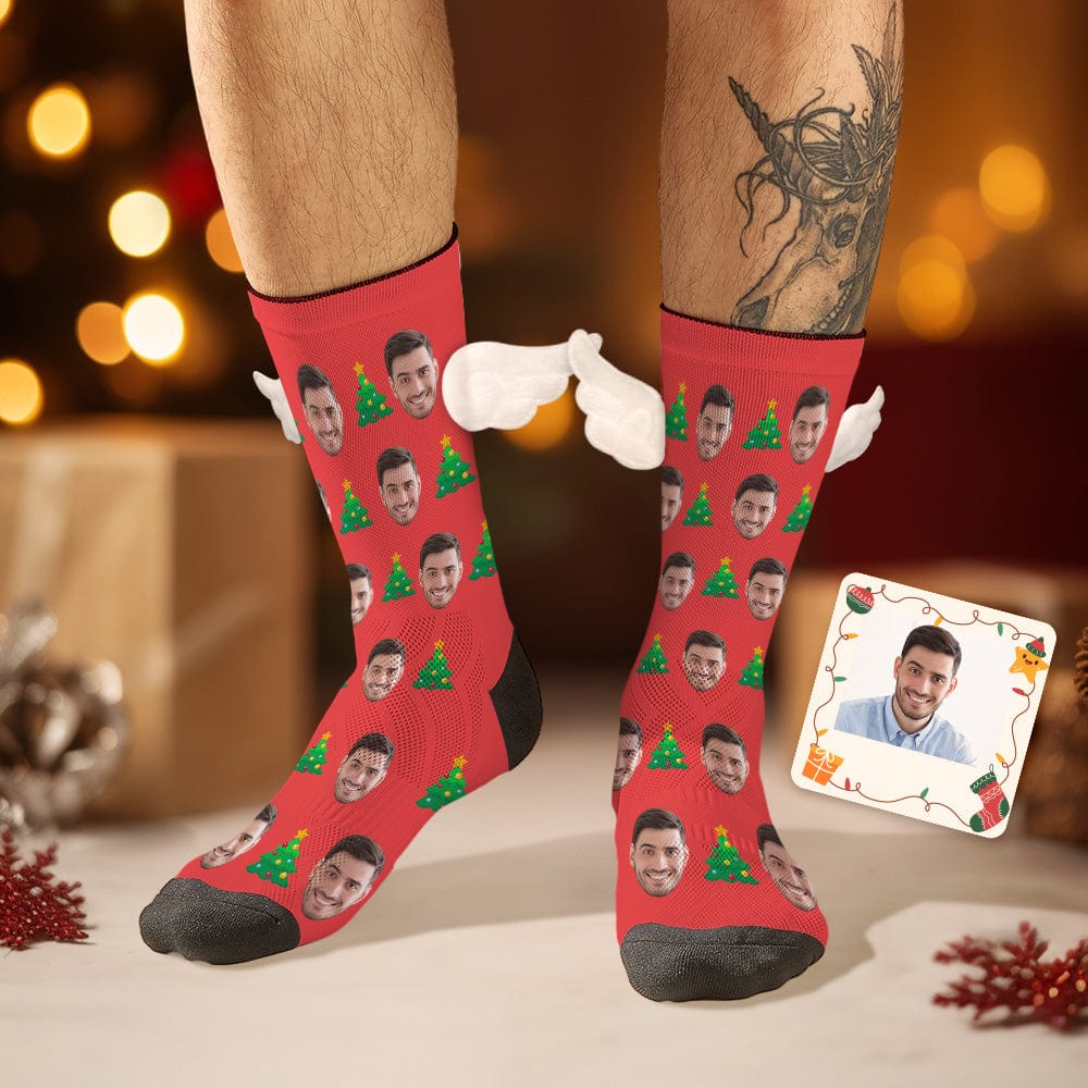 Custom Face Socks with Christmas Tree 3D Magnetic Wing Red Socks for Pet Lover - Giftlab