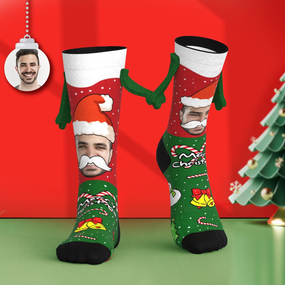Custom Santa Claus Face Socks Funny Doll Mid Tube Socks Magnetic Holding Hands Socks Merry Christmas - Giftlab