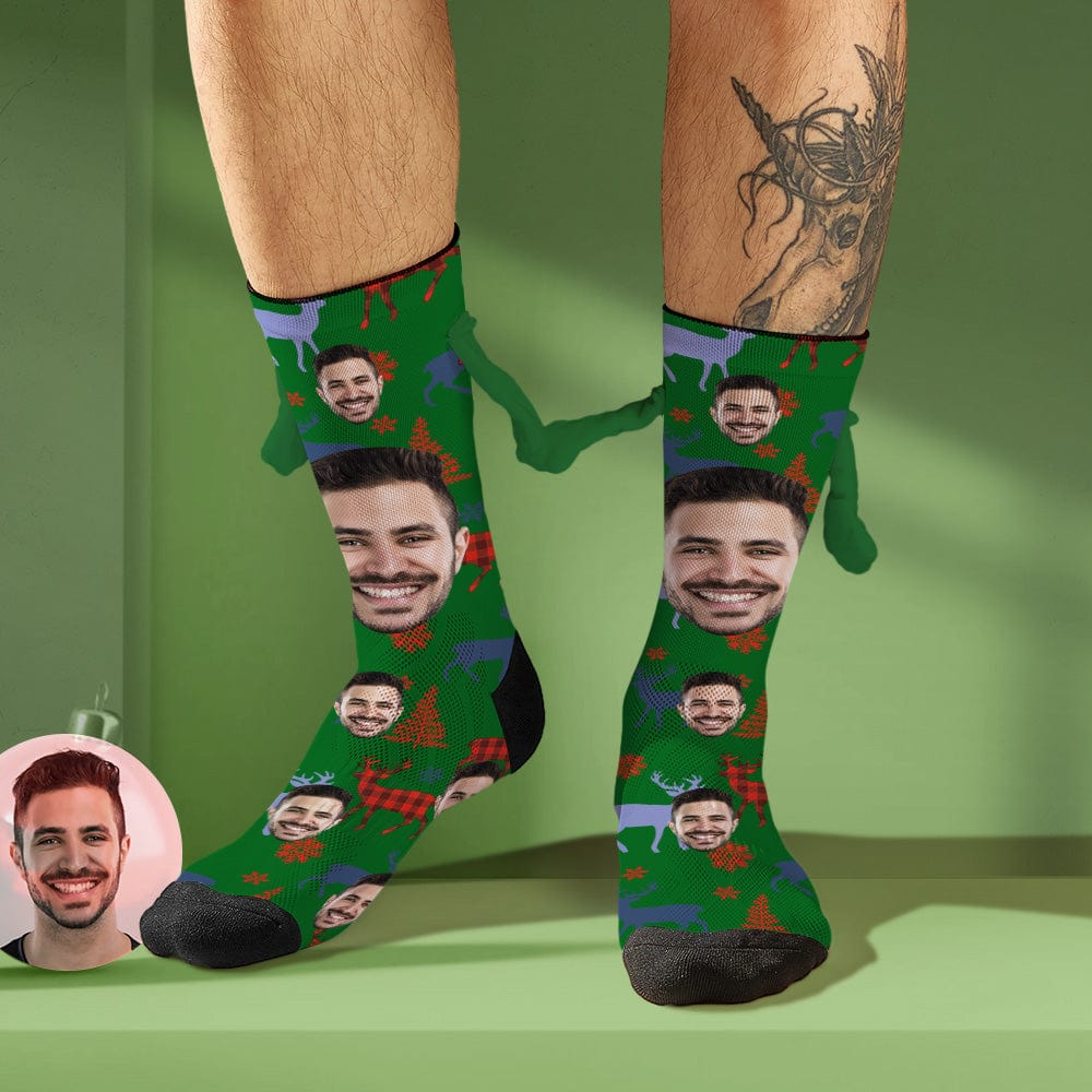 Custom Face Socks Funny Doll Mid Tube Socks Magnetic Holding Hands Socks Merry Christmas - Giftlab
