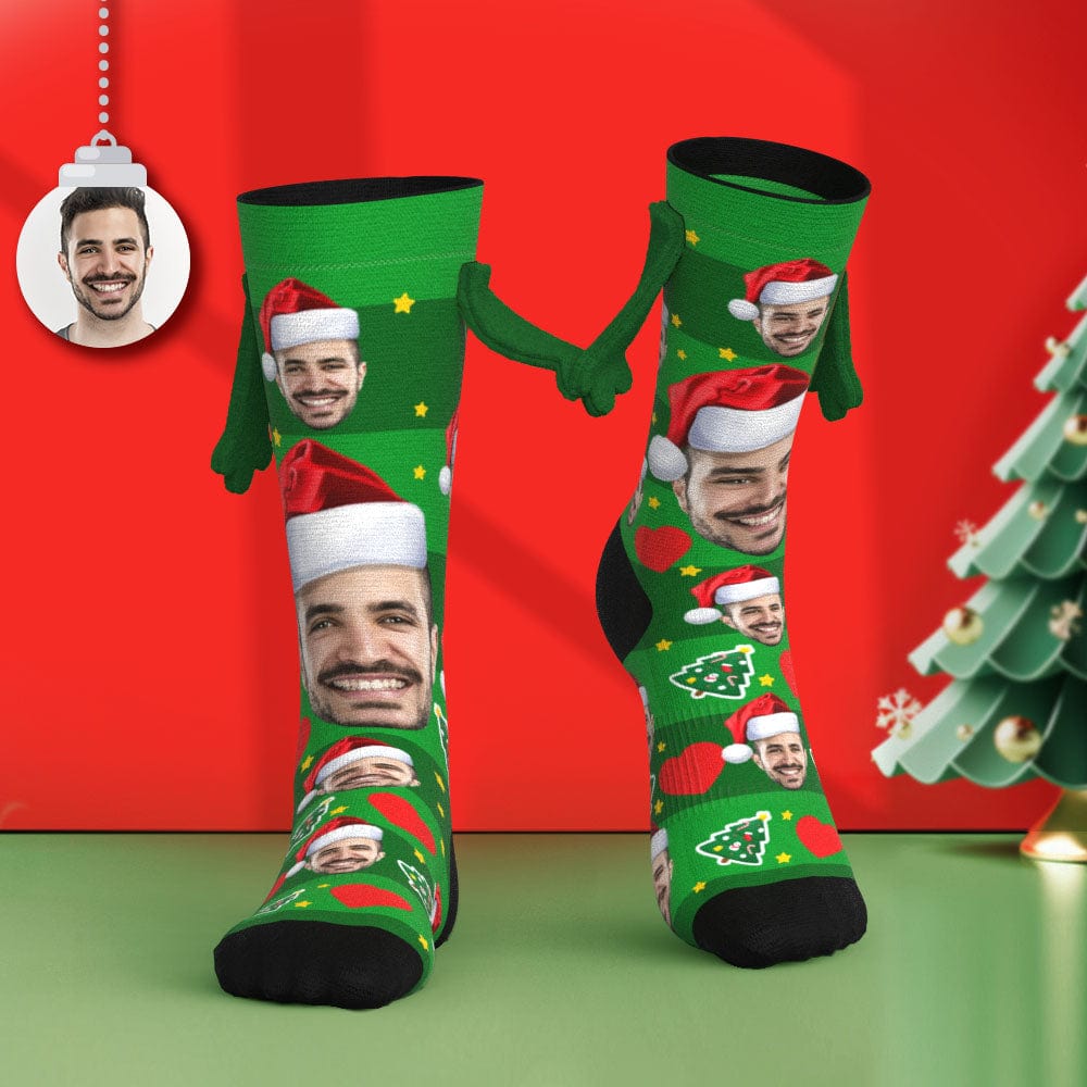 Custom Face Socks with Santa Hat Funny Doll Mid Tube Socks Magnetic Holding Hands Socks Christmas Gifts - Giftlab