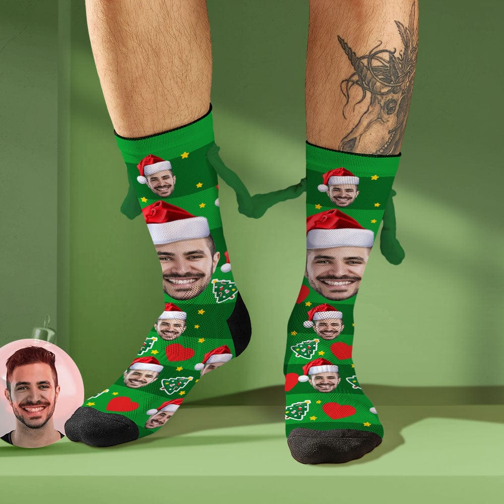 Custom Face Socks with Santa Hat Funny Doll Mid Tube Socks Magnetic Holding Hands Socks Christmas Gifts - Giftlab