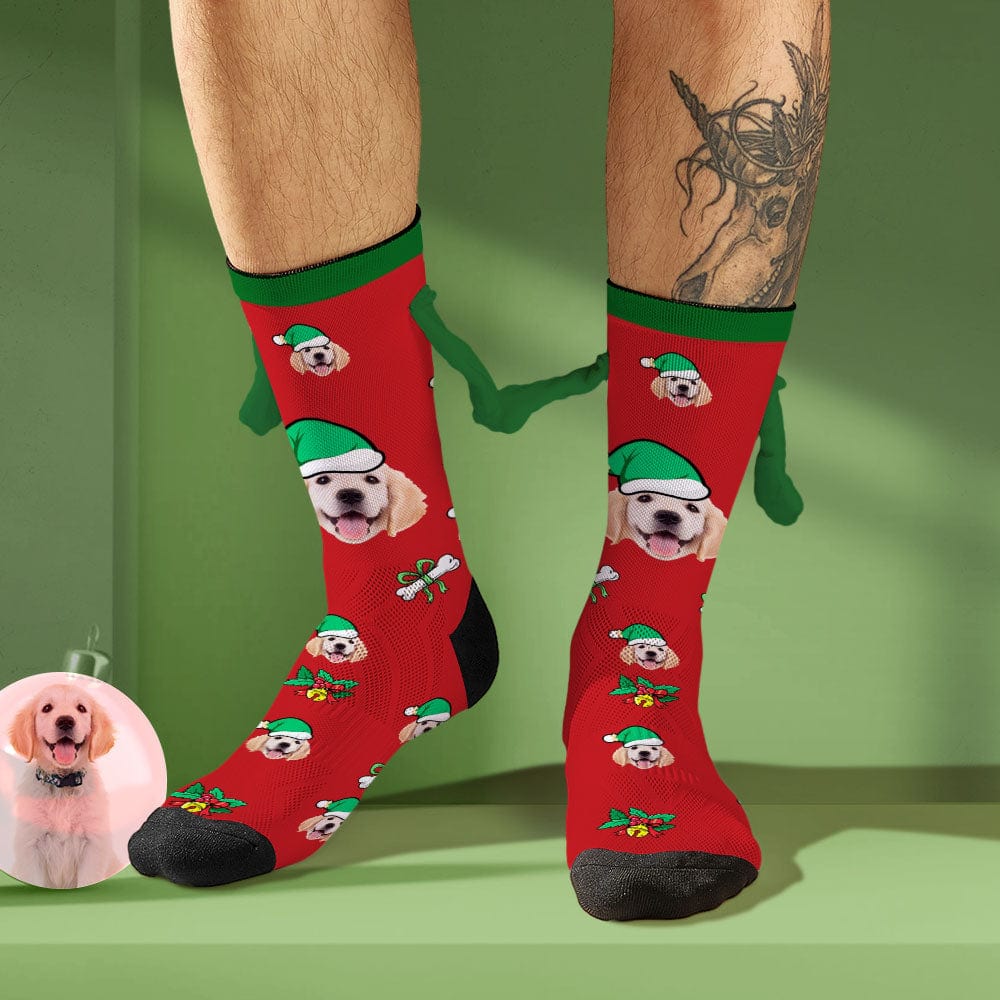 Custom Dog Face Socks with Santa Hat Funny Doll Mid Tube Socks Magnetic Holding Hands Socks Christmas Gifts - Giftlab