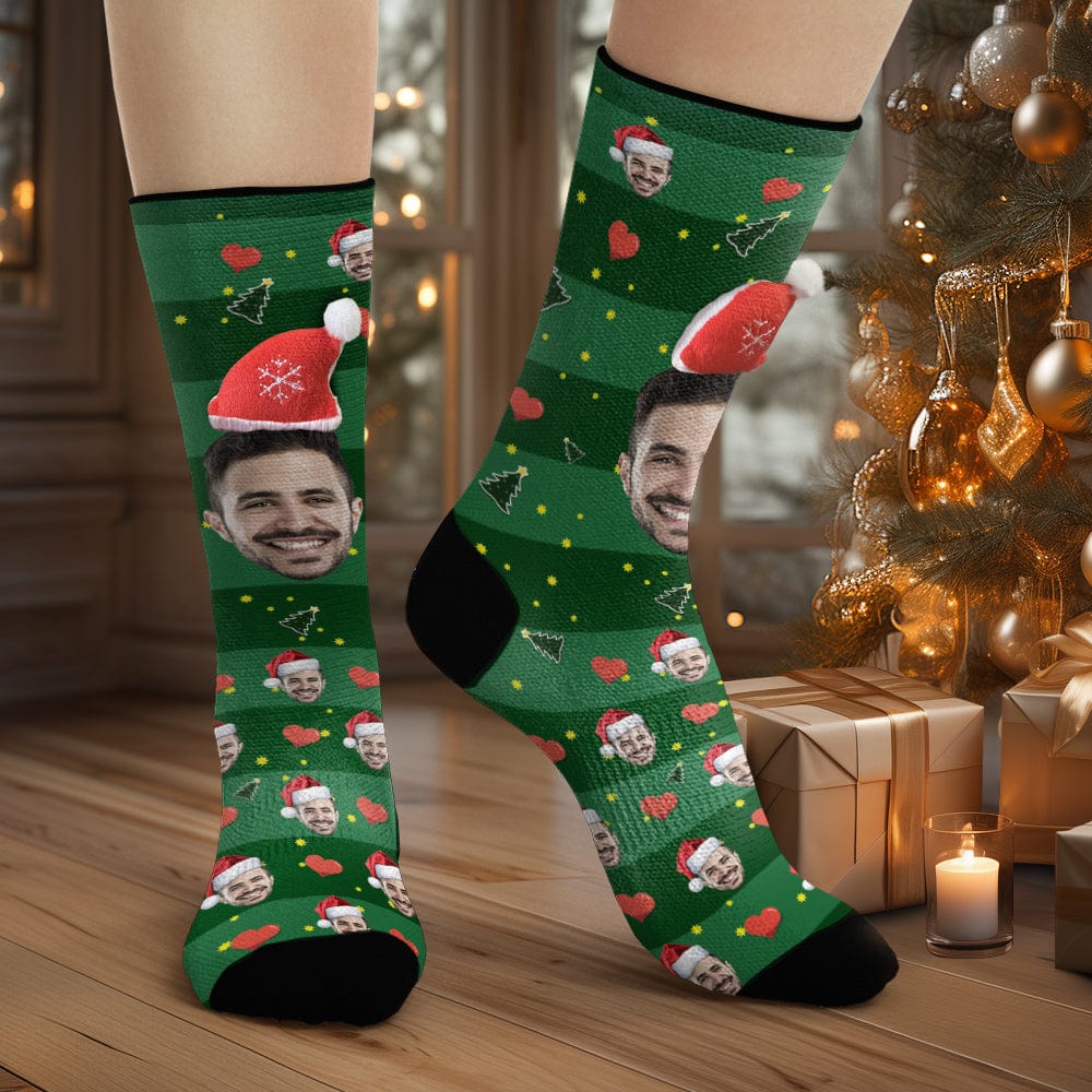 Custom Face Socks Personalized 3D Santa Hat Green Socks Christmas Gifts - Giftlab