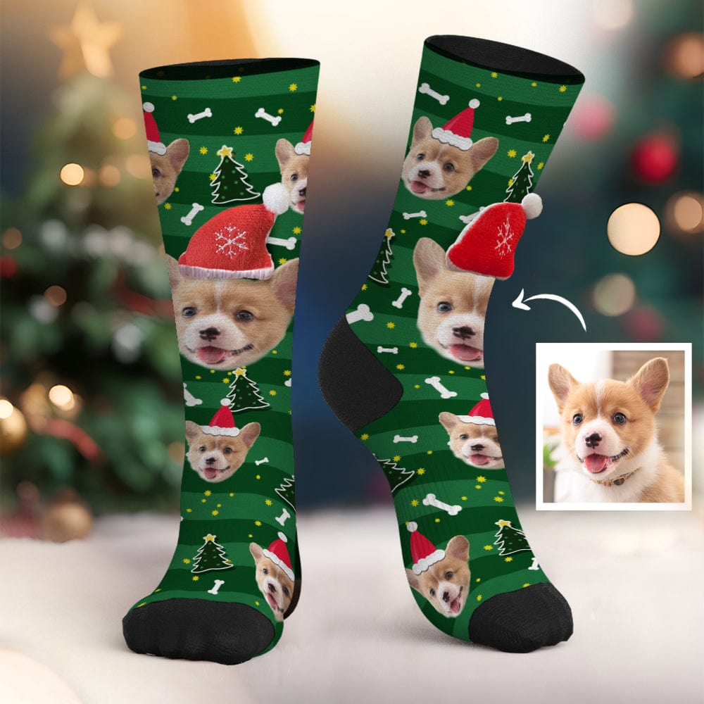 Custom Dog Face Socks Personalized 3D Santa Hat Green Socks Christmas Gifts - Giftlab