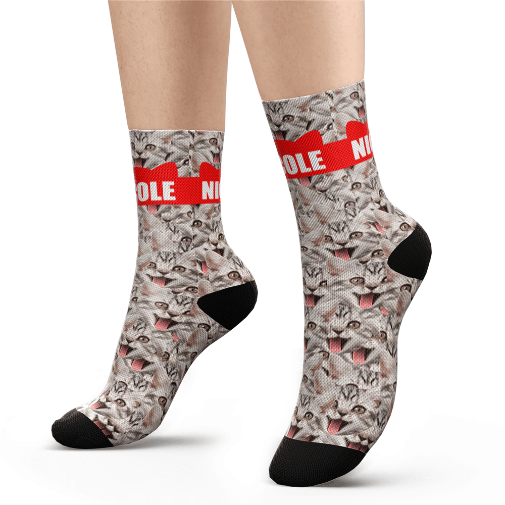 Custom Photo Socks Funny Cat Face Mash With Your Text Socks - Giftlab