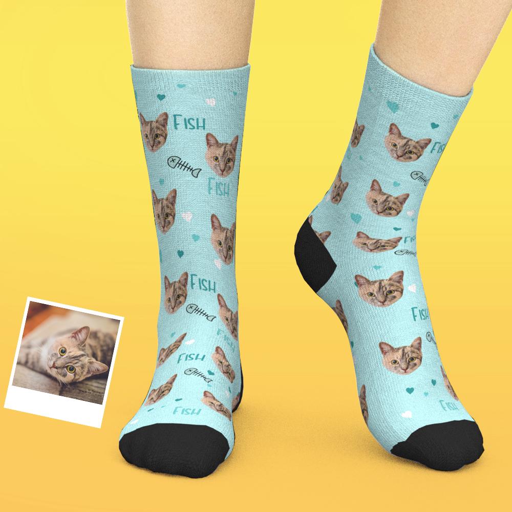 Custom Cat Socks Personalized Cat and Fish Socks Best Gift for Cat Lover - Giftlab