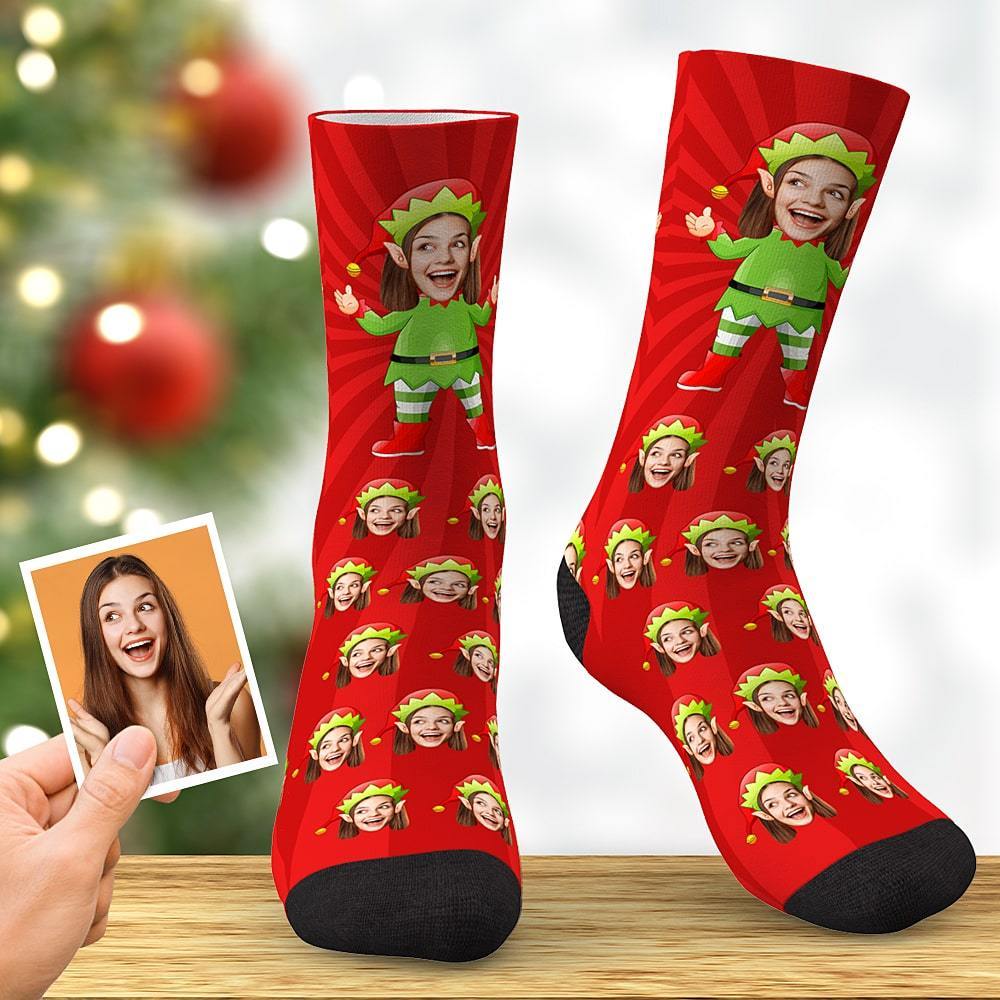 Custom Face Socks Elf Socks Christmas Gift for Her- Red - Giftlab
