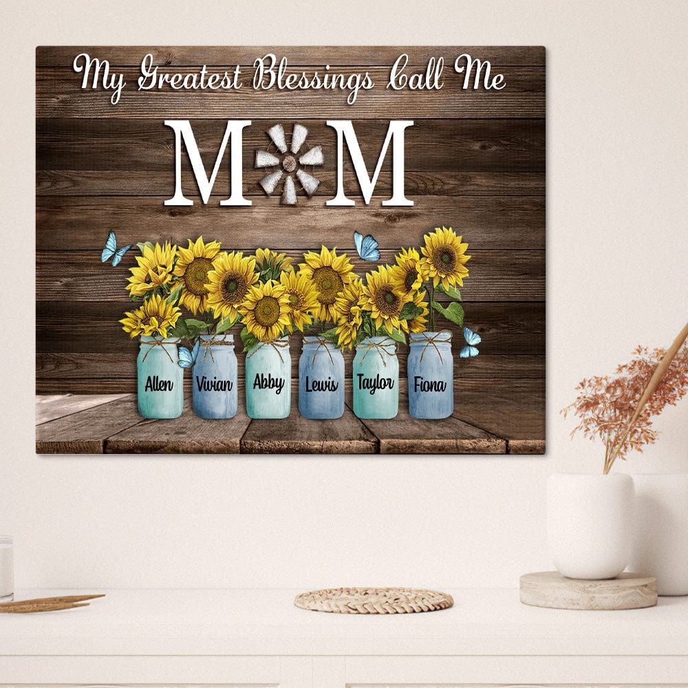 Personalized Name Sunflowers Canvas My Greatest Blessings Call Me Mom Wall Art Canvas Mother's Day Gifts - Giftlab