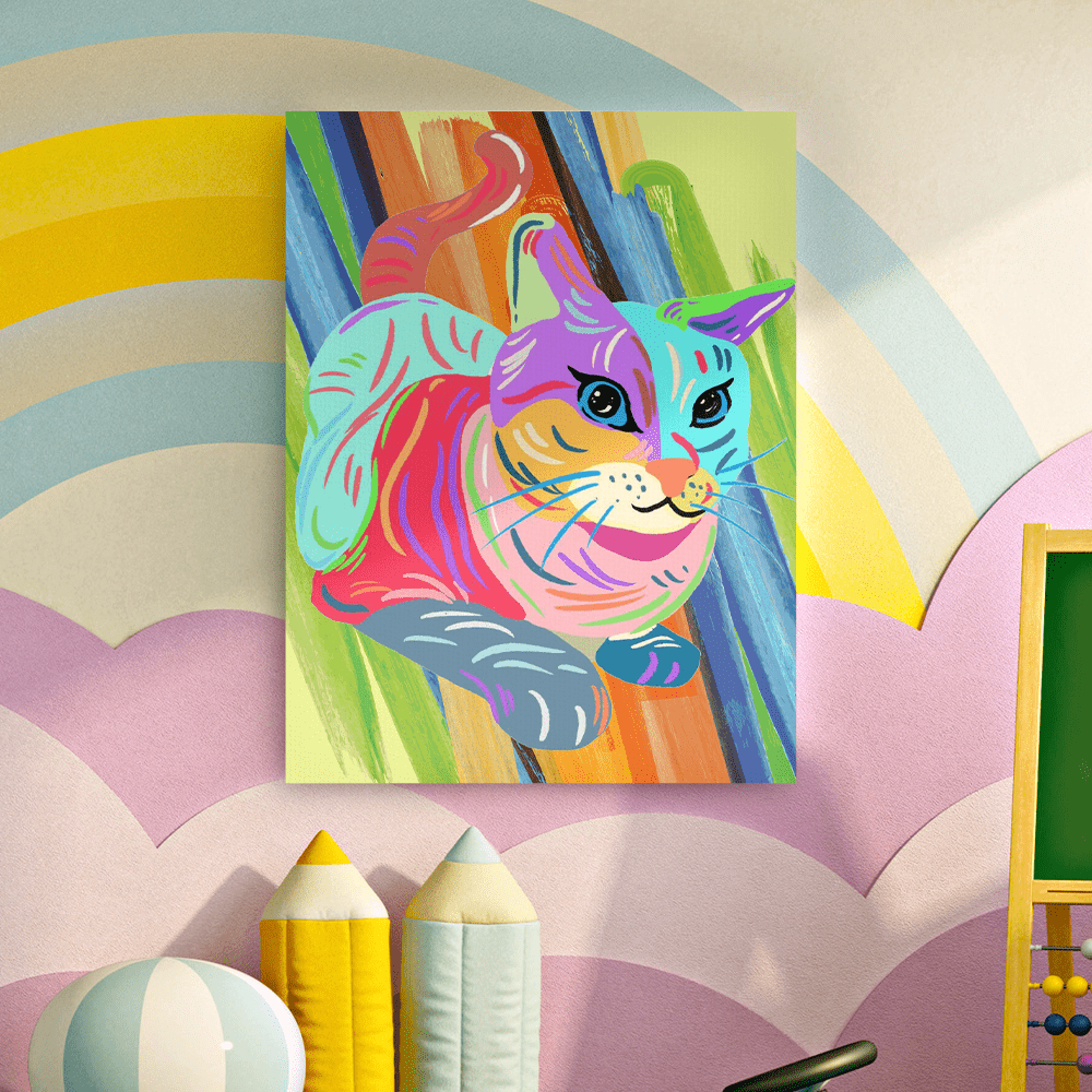 Psychadelic Wall Art Cat Colourful Trippy Drawings Canvas - Giftlab