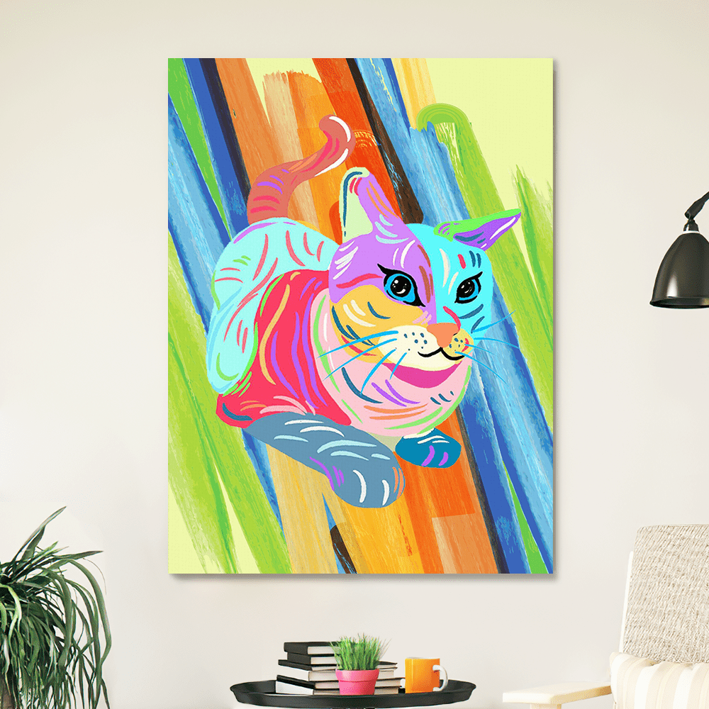 Psychadelic Wall Art Cat Colourful Trippy Drawings Canvas - Giftlab
