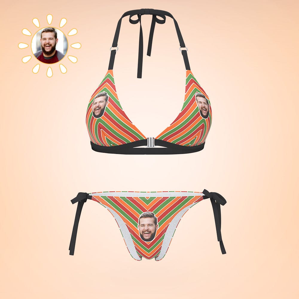 Custom Face Bikini Women's Sexy Back & Front Close Swimwear Colored Stripes Gift For Her - Giftlab