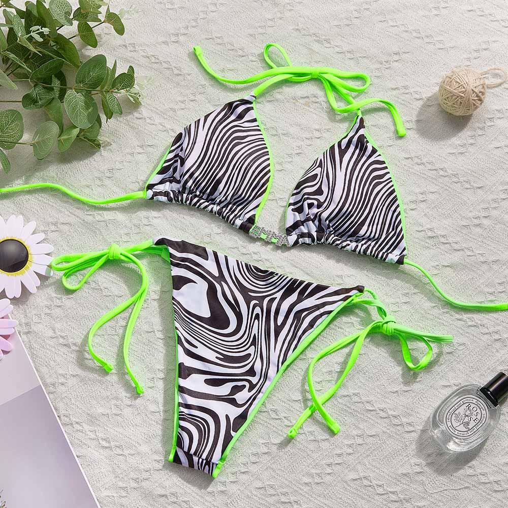 Custom Name Zebra Triangle Halter Bikini Sets Personalized Sexy DIY Crystal Letters Bikini - Giftlab