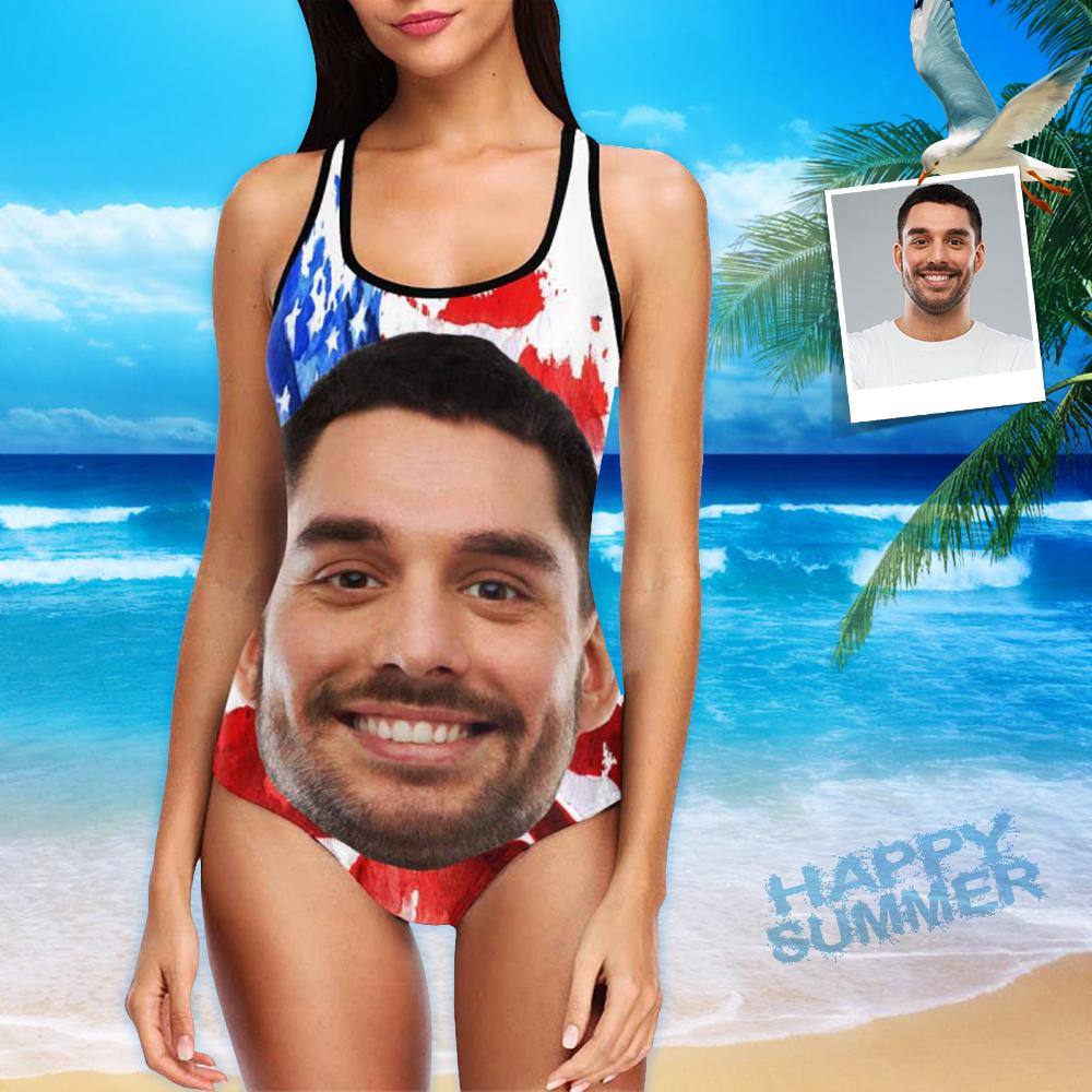 Custom Swimwear Boyfriend Face One Piece Bathing Suit Husband Face American Flag Swimsuit - Giftlab