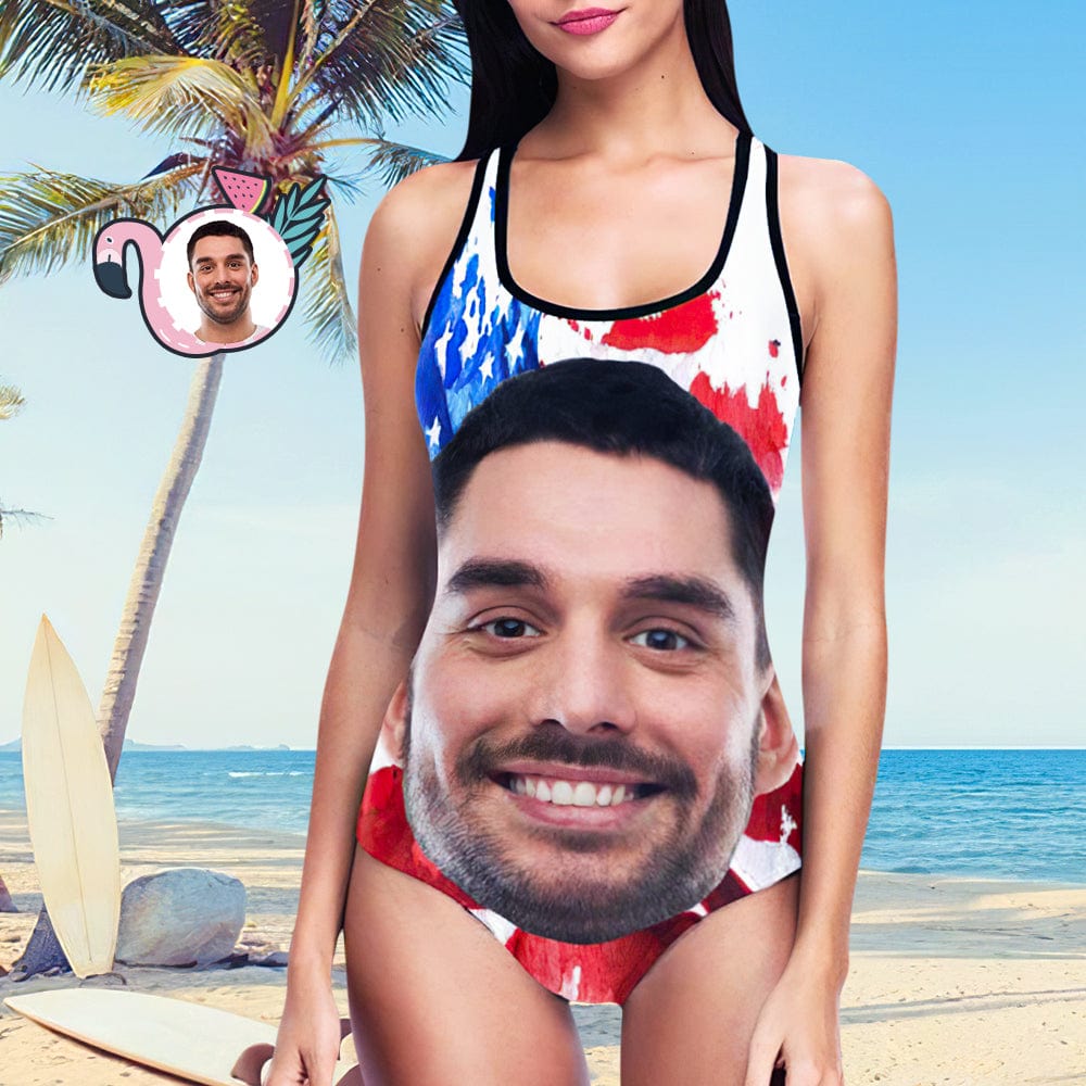 Custom Swimwear Boyfriend Face One Piece Bathing Suit Husband Face American Flag Swimsuit - Giftlab