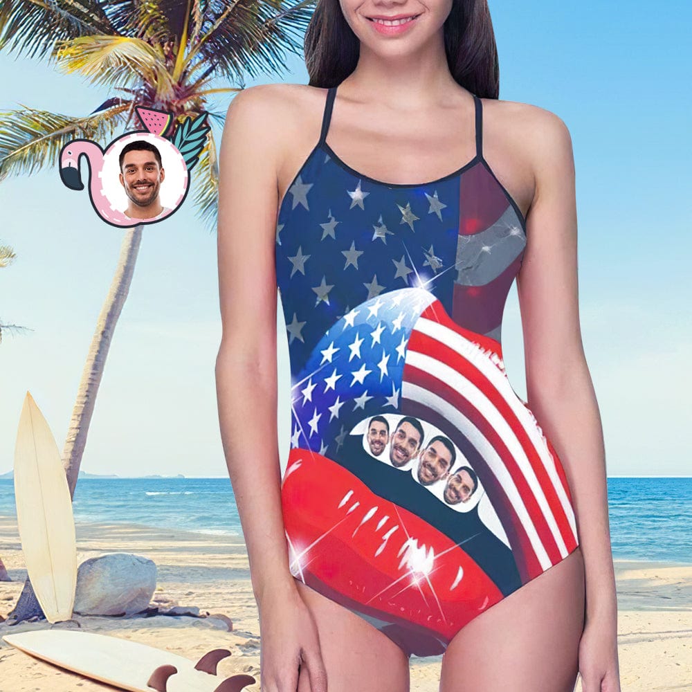 Custom Face Swimwear Women's Photo Slip One Piece Swimsuit- USA Flag With Lips - Giftlab
