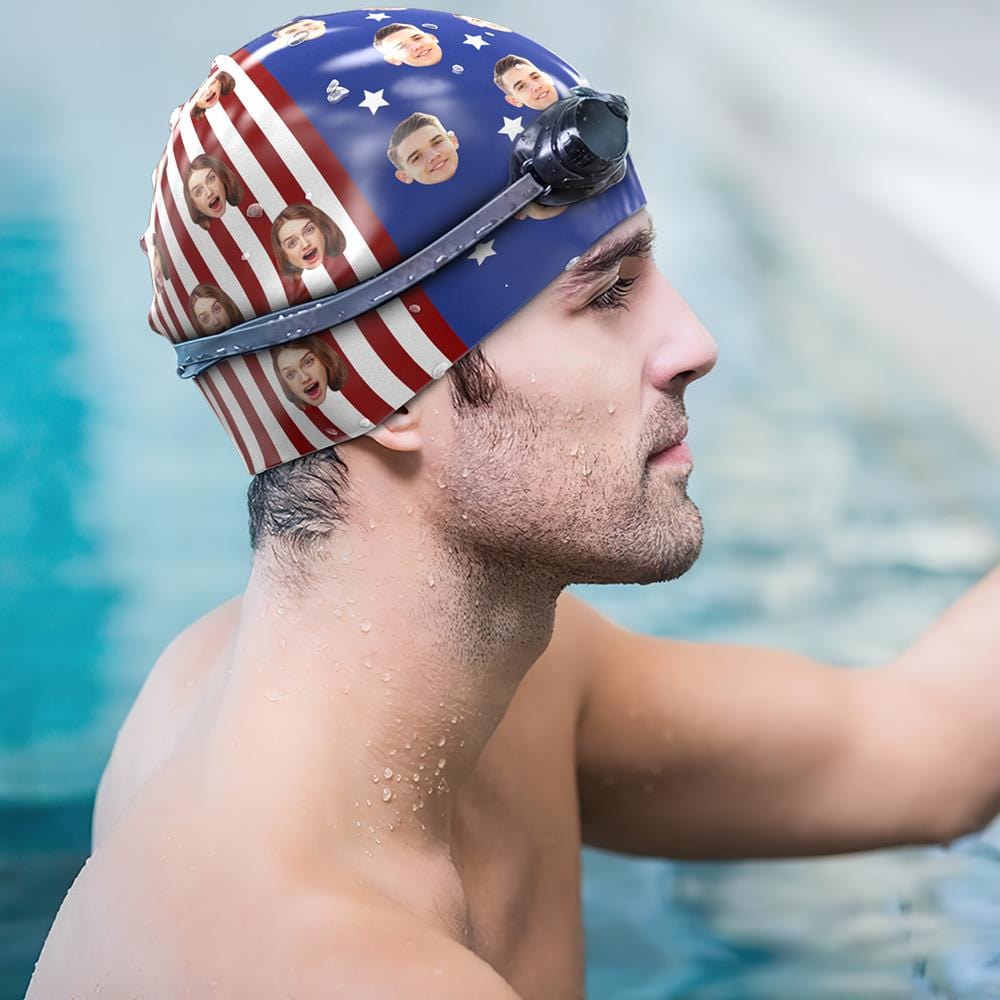 Personalized Swim Caps with Face Silicone Printed Cap Gifts For Couple - American Flag
