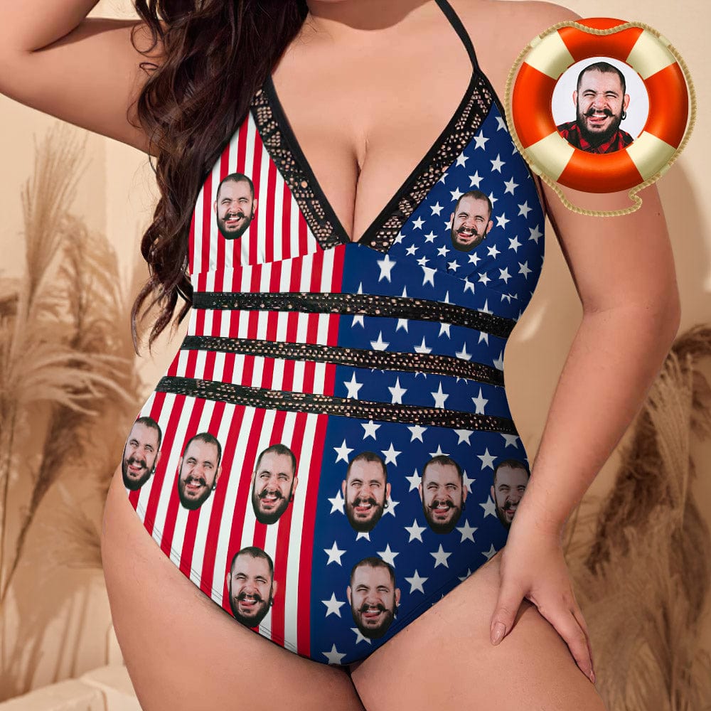 Custom Bathing Suits With Face Plus Size Gifts for Women American Flag - Giftlab