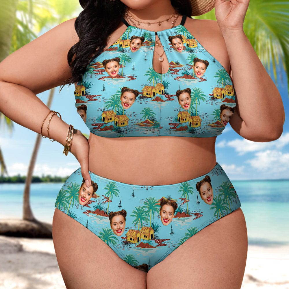 Personalized Swimsuits Custom Face Plus Size Swimwear High Waisted Bikini Swimsuit-Seaside - Giftlab