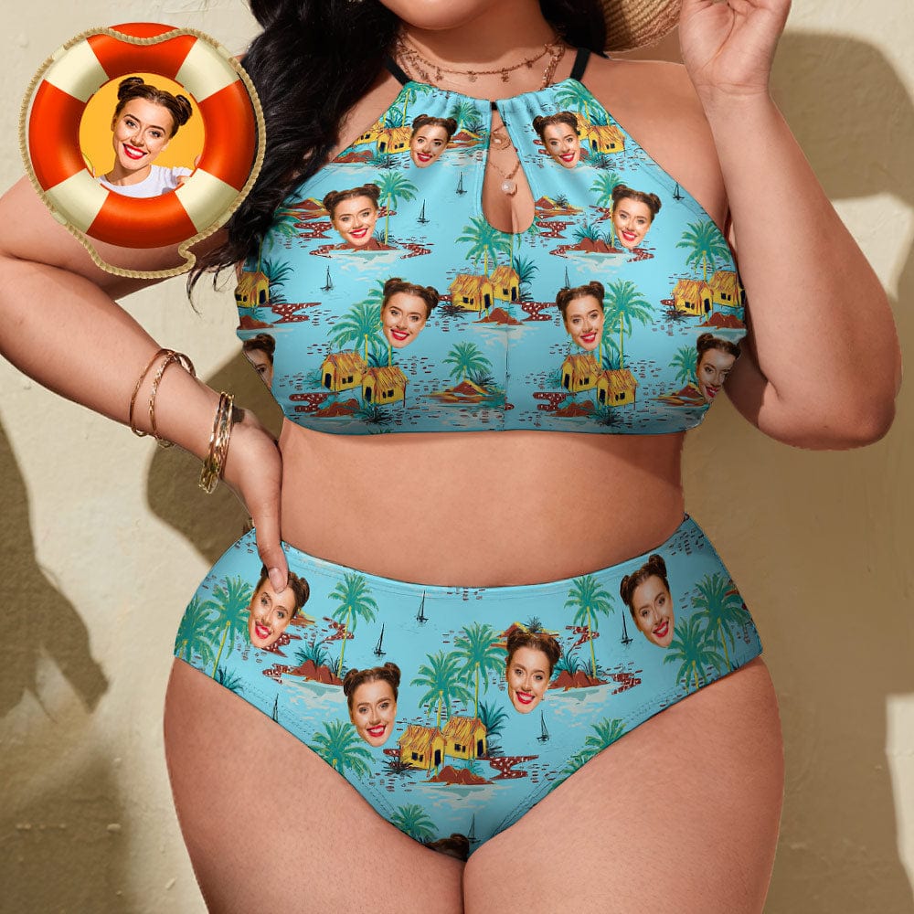 Personalized Swimsuits Custom Face Plus Size Swimwear High Waisted Bikini Swimsuit-Seaside - Giftlab