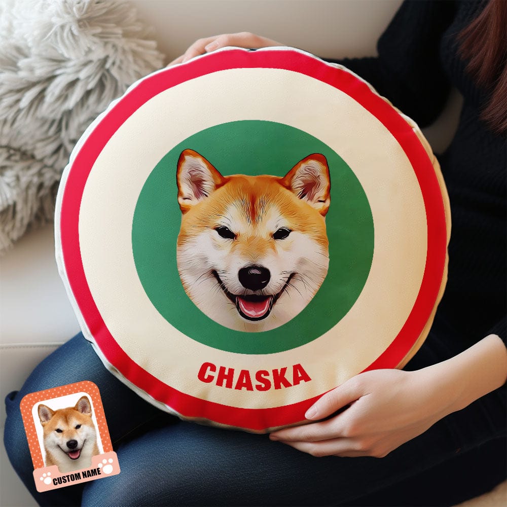 Custom Round Shape Pillow Personalized Pet Photo with Name Gift for Pet Lover - Red & Green - Giftlab