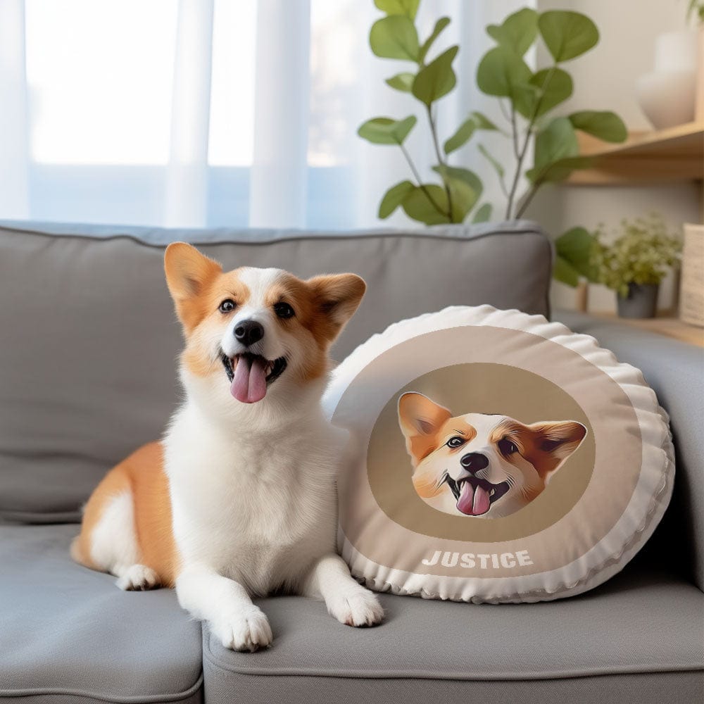 Custom Round Shape Pillow Personalized Pet Photo with Name Gift for Pet Lover - Khaki - Giftlab