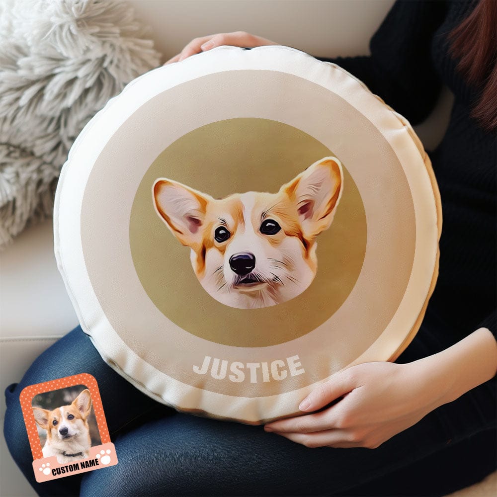 Custom Round Shape Pillow Personalized Pet Photo with Name Gift for Pet Lover - Khaki - Giftlab