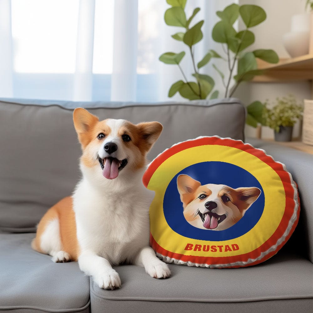 Custom Round Shape Pillow Personalized Pet Photo with Name Gift for Pet Lover - Yellow & Blue - Giftlab