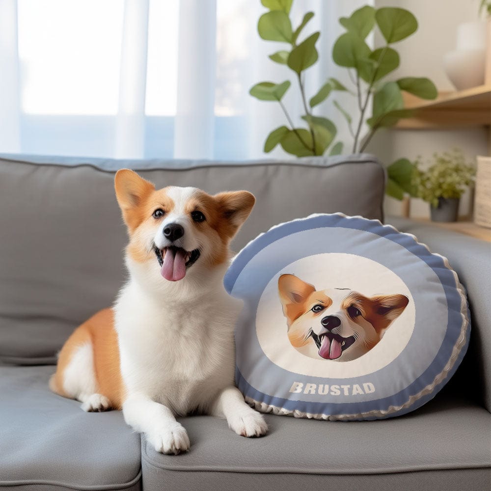 Custom Round Shape Pillow Personalized Pet Photo with Name Gift for Pet Lover - Blue - Giftlab