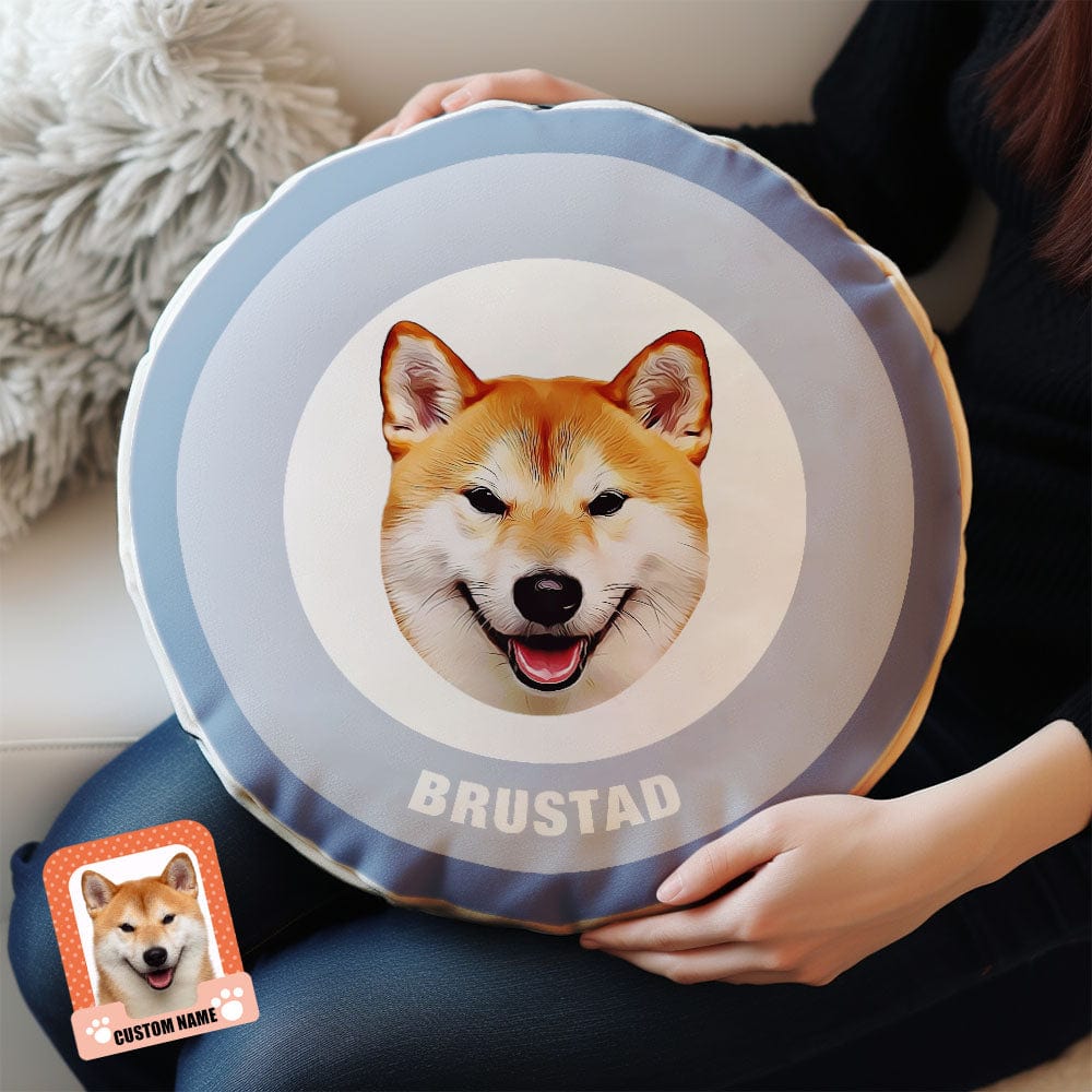 Custom Round Shape Pillow Personalized Pet Photo with Name Gift for Pet Lover - Blue - Giftlab