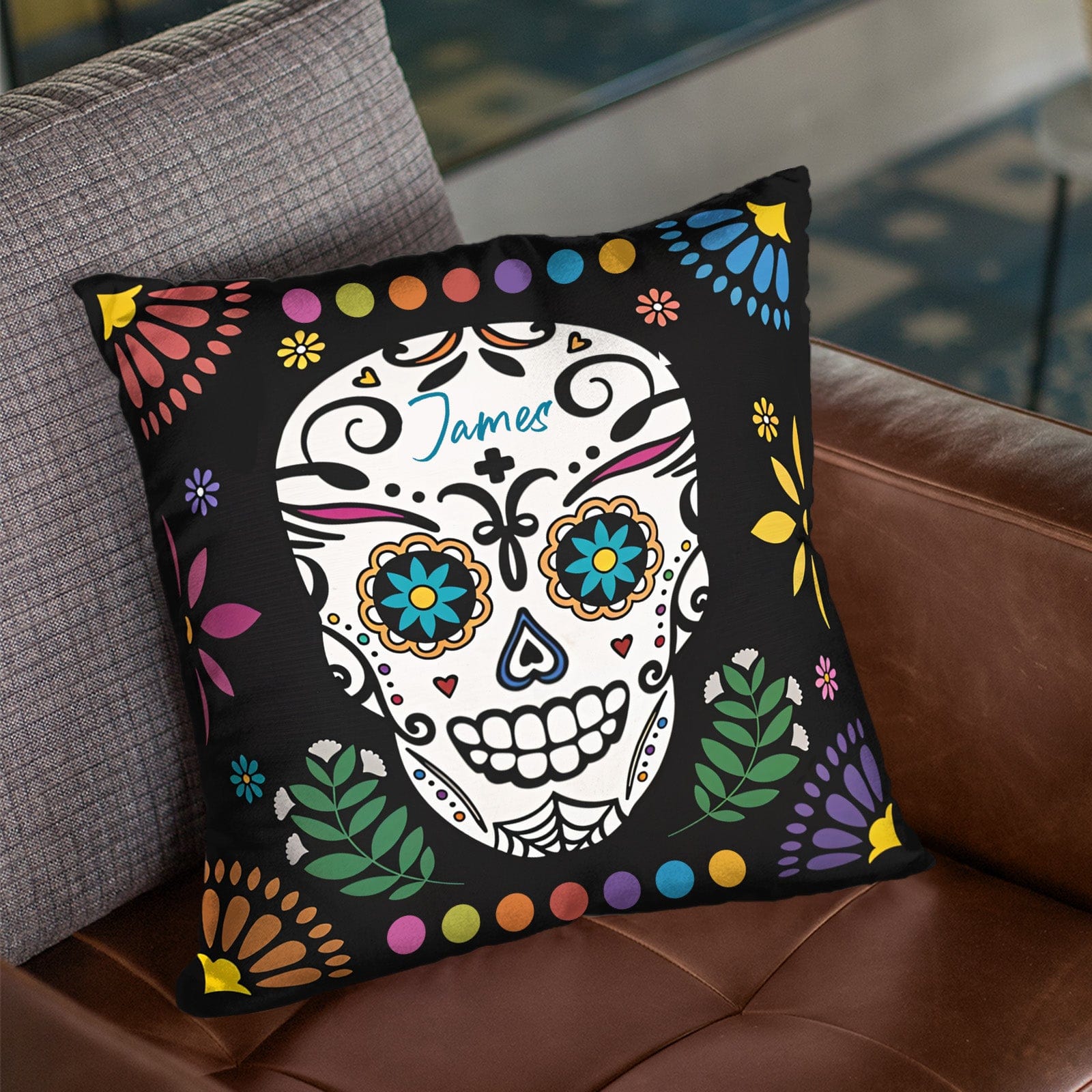 Personalized Mexican Floral Sugar Skull Throw Pillow Cover with Name Gothic Home Decor Day of the Dead Gift for Family - Giftlab
