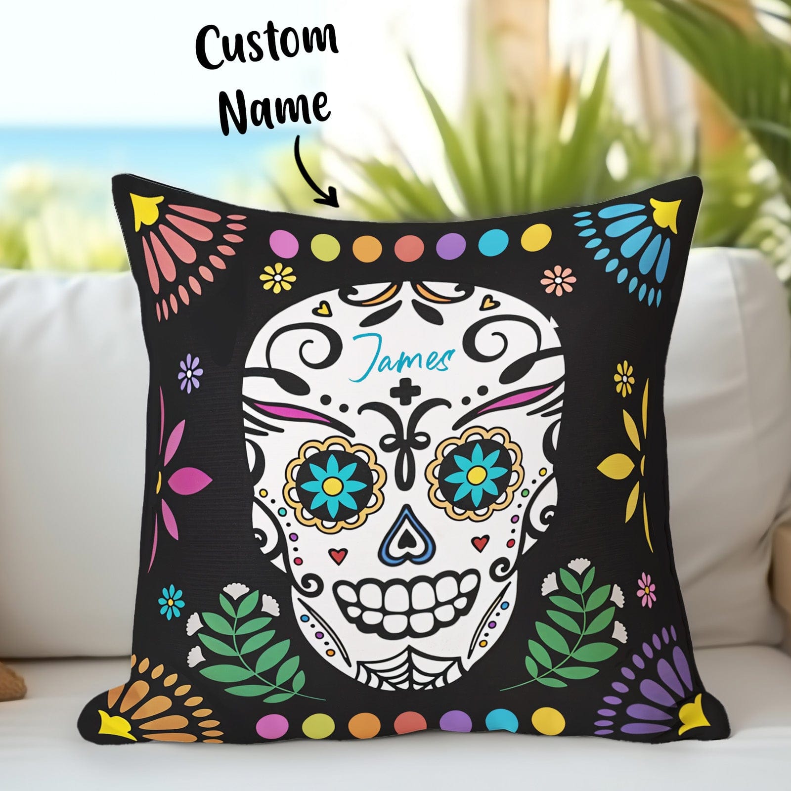 Personalized Mexican Floral Sugar Skull Throw Pillow Cover with Name Gothic Home Decor Day of the Dead Gift for Family - Giftlab