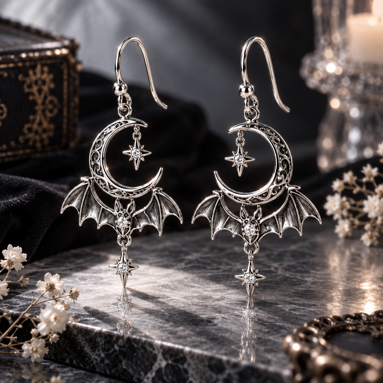 Sculptural Gothic Celestial Earrings – 925 Sterling Silver with Crescent Moon, Sparkling Crystals & Spooky Motifs