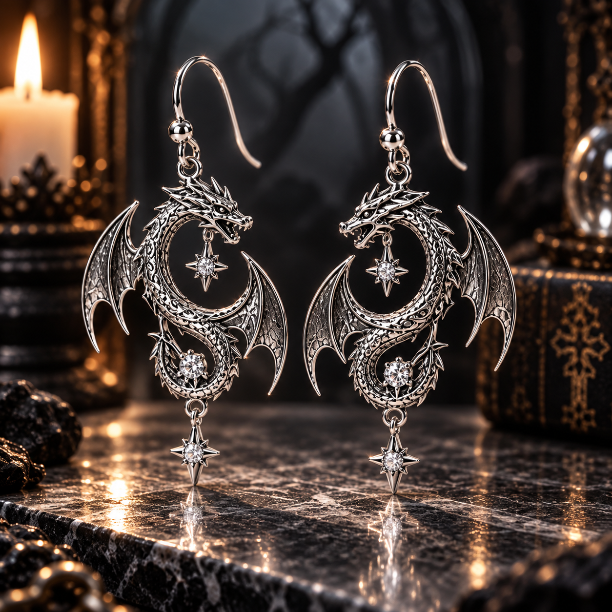 Sculptural Gothic Celestial Earrings – 925 Sterling Silver with Crescent Moon, Sparkling Crystals & Spooky Motifs
