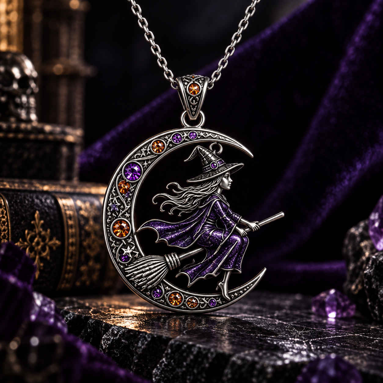 Witchy Crescent Moon Bat Pendant – Sculptural 925 Sterling Silver with Purple Enamel, Crystals & Filigree