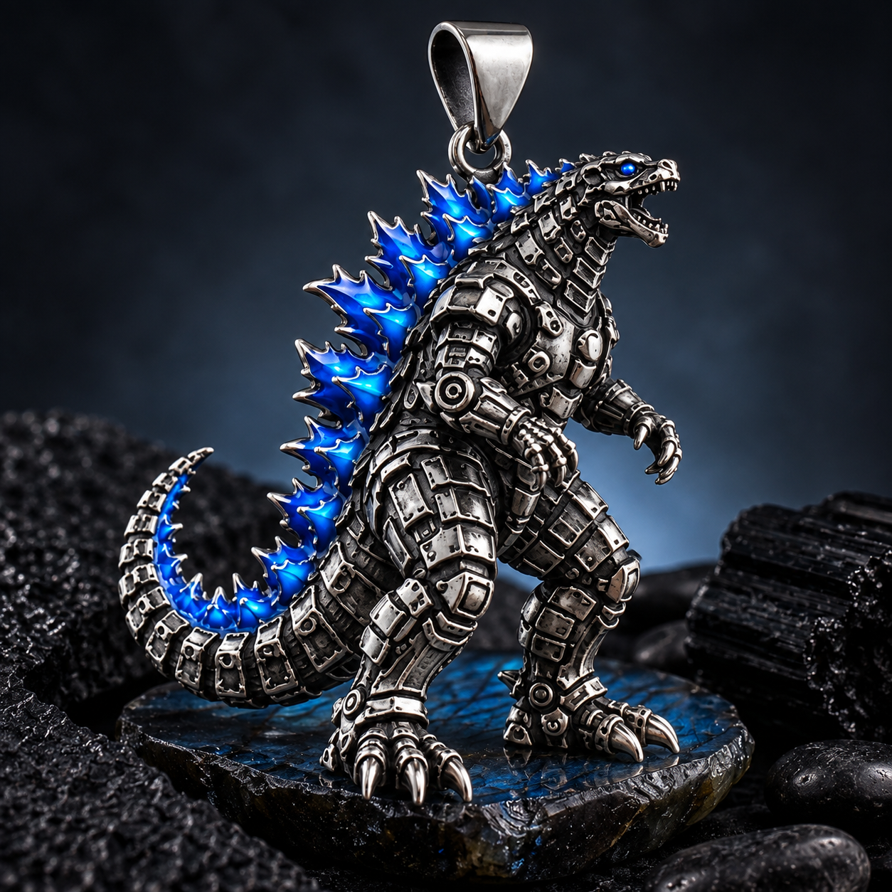 Kaiju Monster Pendant – Sculptural 925 Sterling Silver with Blue Spine & Cold-Glow Enamel - namenecklace