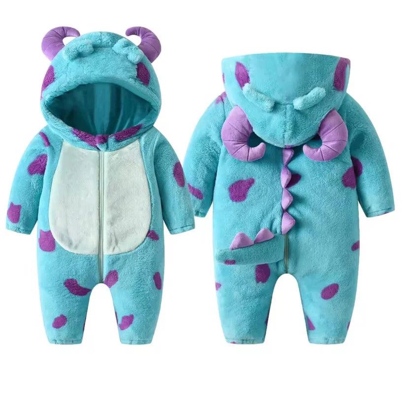 Baby Hooded Onesie, Fluffy Fleece Cartoon Monster Jumpsuit, Warm Newborn Cosplay Outfit for Toddler