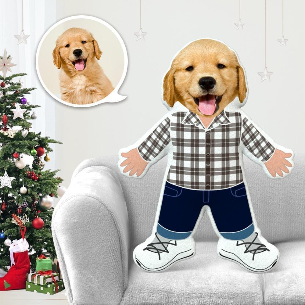 Custom Stuffed Animals Dog Face Pillow Pet Photo Pillow Gifts for Dog Lovers Plaid Shirt Costume - Giftlab