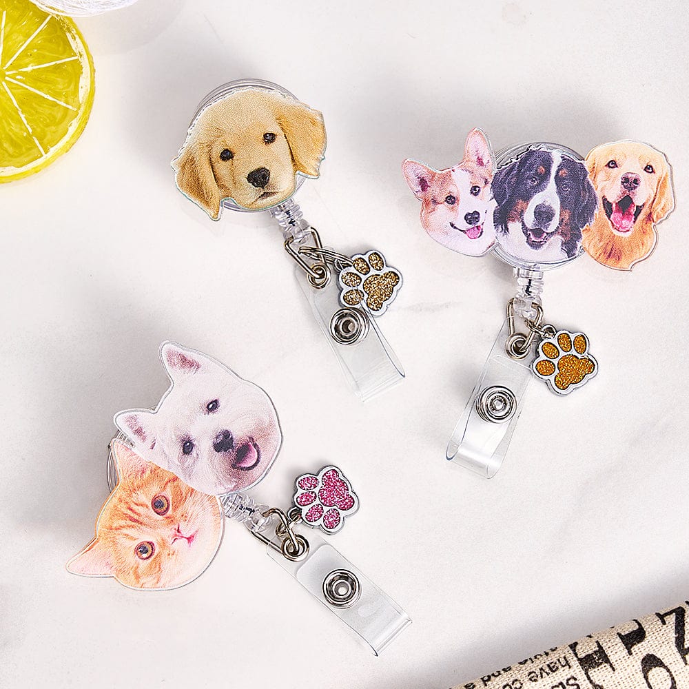 Personalized Pet Portrait Badge Reel with Paw Print Charm Gift for Nurse Pet Lover - Giftlab