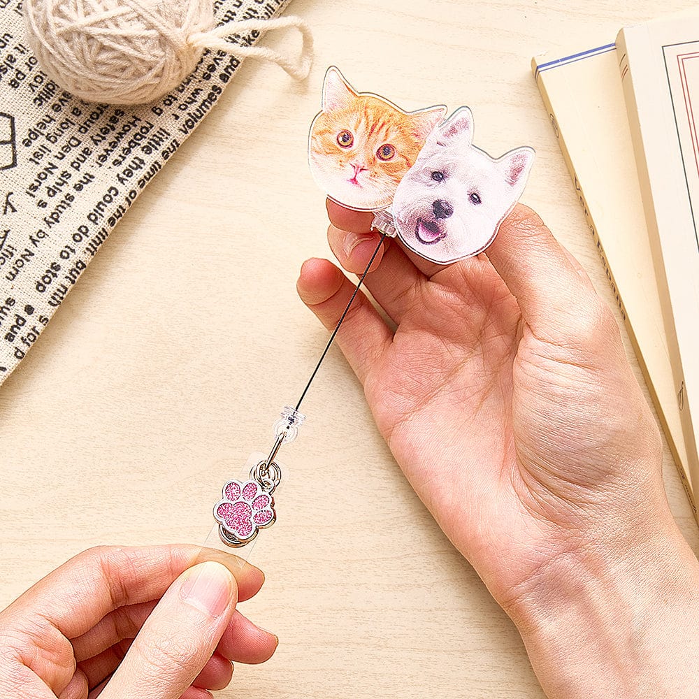 Personalized Pet Portrait Badge Reel with Paw Print Charm Gift for Nurse Pet Lover - Giftlab