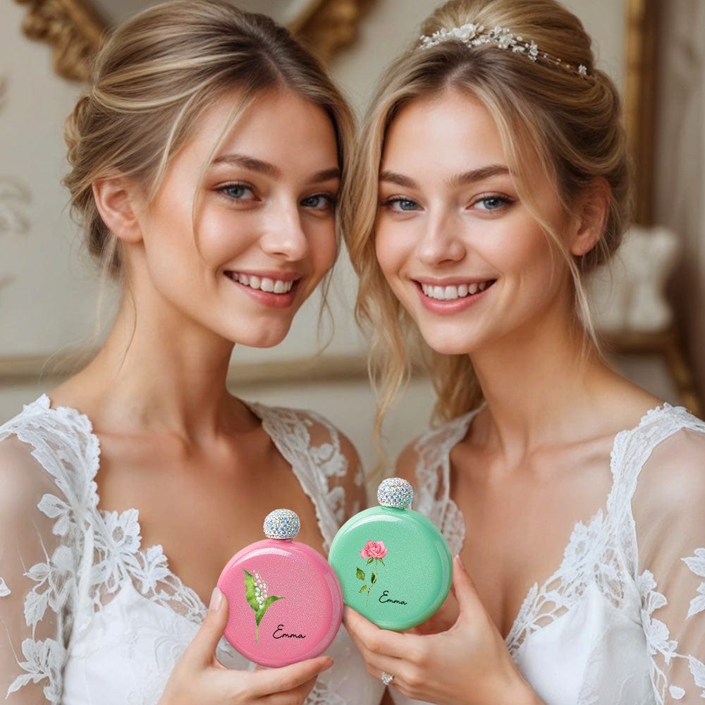 Personalized Birth Flower Round Flasks with Name 5oz Glitter Flask Birthday Bridesmaid Party Gift for Girls - Giftlab