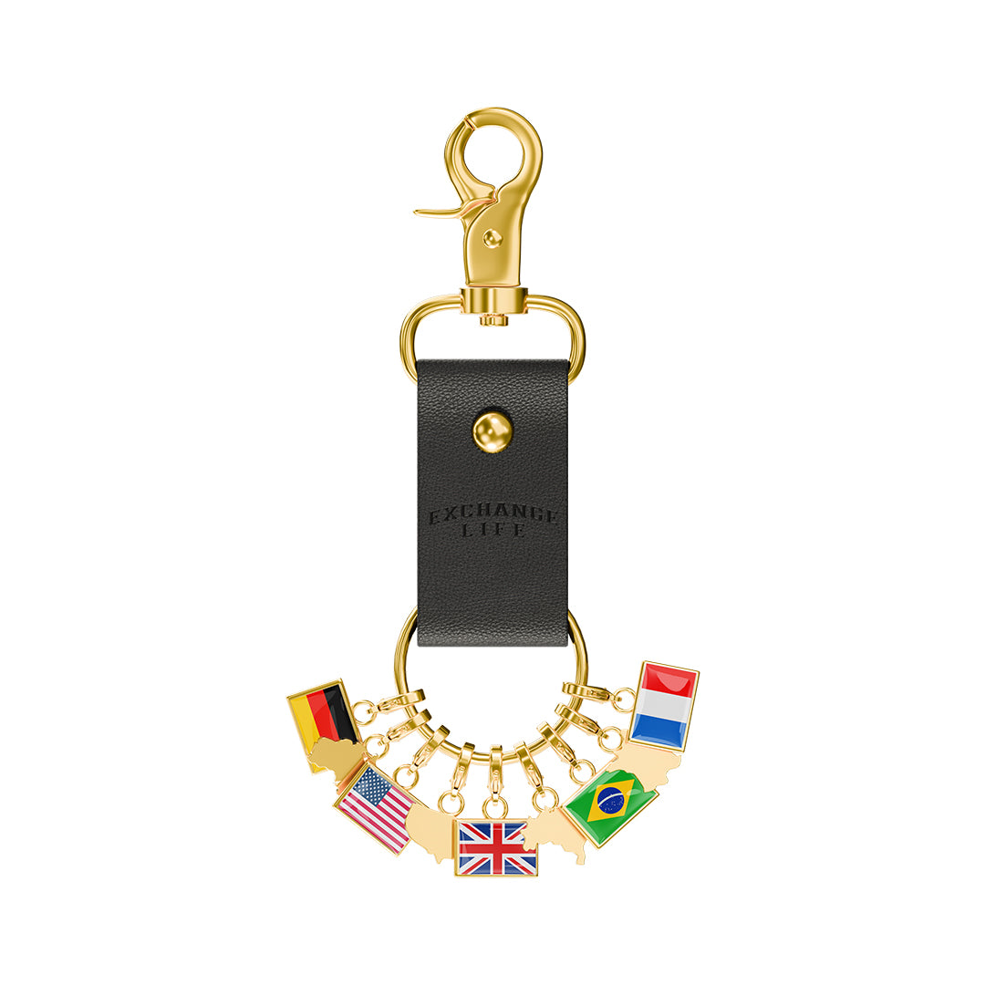 World Traveler Flag And Map Keychain, Multi-Country Charm Keyring with Leather Strap