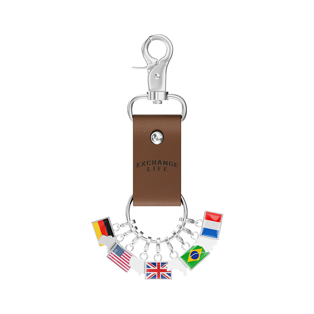World Traveler Flag And Map Keychain, Multi-Country Charm Keyring with Leather Strap