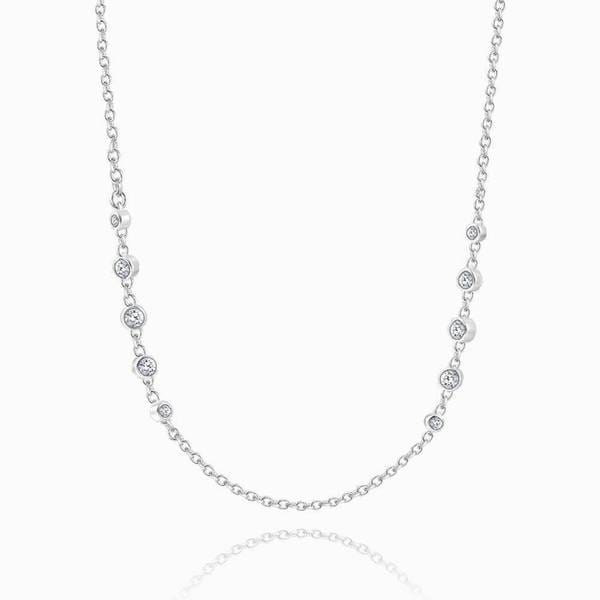 Silver Cable Chain Basic Necklace With CZ Beads 17.7in Adjustable - Giftlab