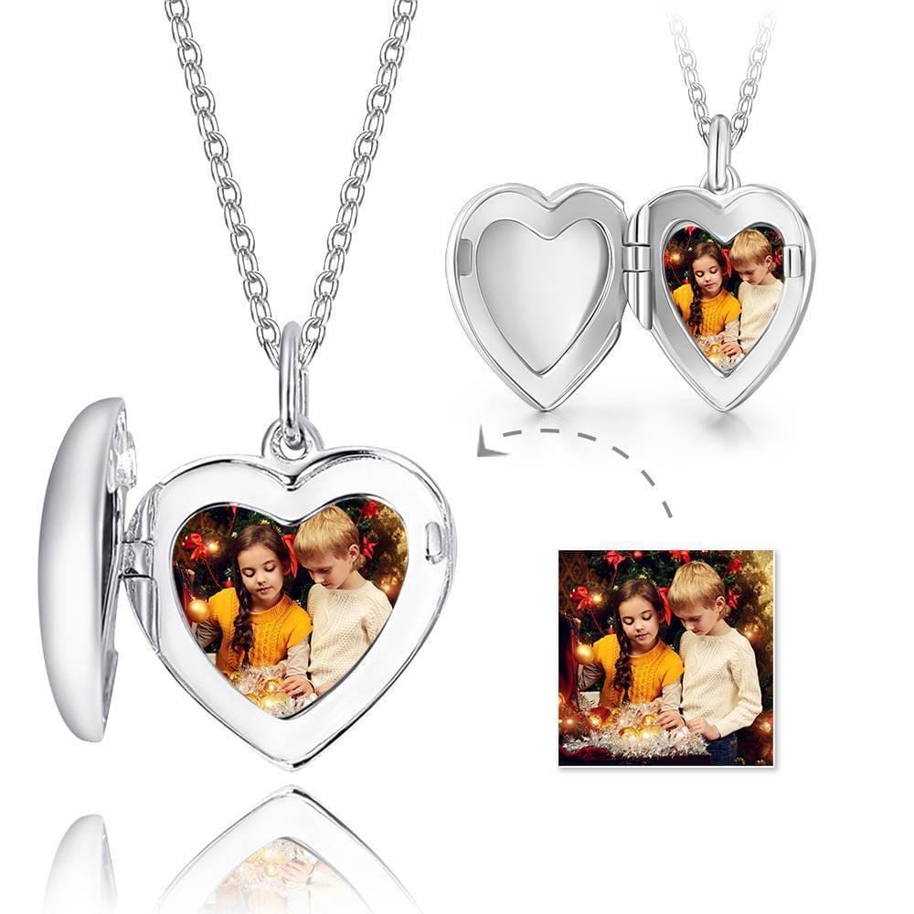 Engraved Heart Photo Locket Necklace Gifts for Mom Silver - Giftlab