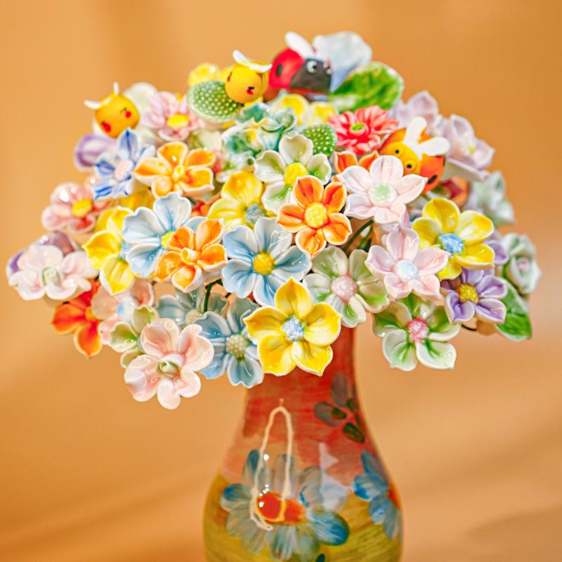Handcrafted Ceramic Flower Bouquet Everlasting Blooms for DIY Home Decor, Perfect for Valentine'S Day, Christmas, Mother'S Day Gift