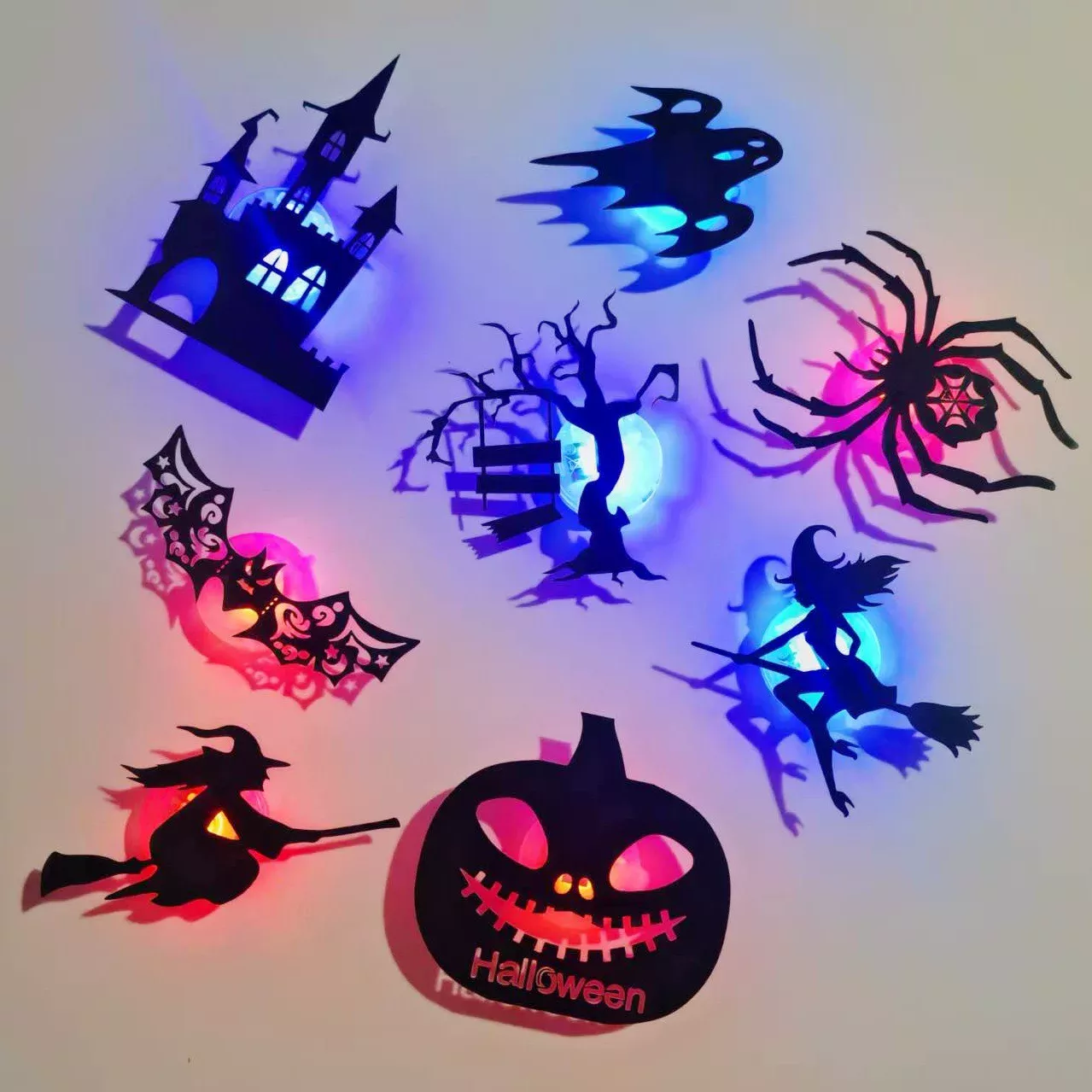 Halloween LED Light Up Silhouette Wall Decor, 8 pcs Spooky Shadow Wall Stickers for Party Home Decoration