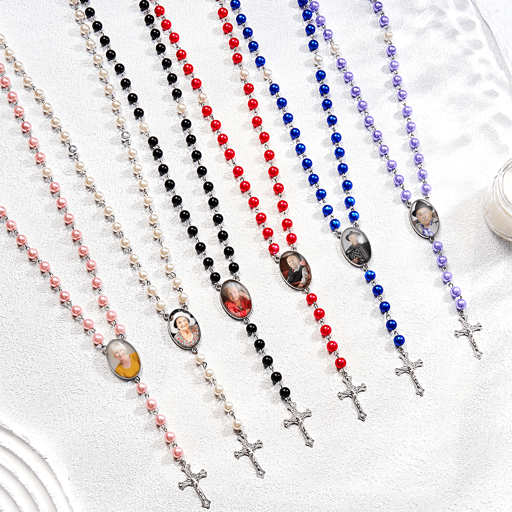 Custom Rosary Beads Cross Multi-Color Necklace Personalized Necklace with Photo Memorial Gift for Women - Giftlab
