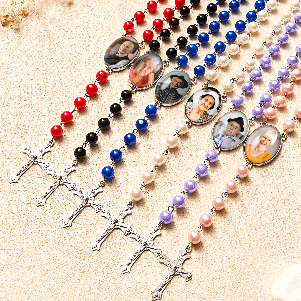 Custom Rosary Beads Cross Multi-Color Necklace Personalized Necklace with Photo Memorial Gift for Women - Giftlab