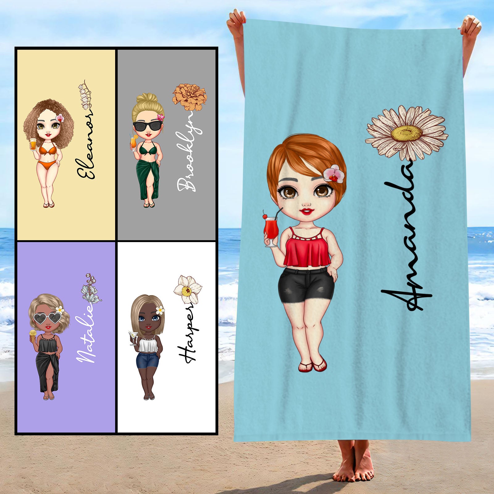 Custom Cartoon Women Girl Birth Flower Multicolor Beach Towel Personalized Name Vacation Beach Towel Gift for Friend - GiftLab